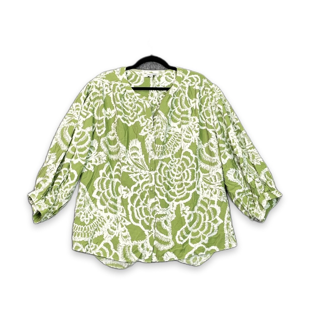 Rose & Olive Blouse Top Womens 2X Green White Floral Pleated Gorpcore Minimalist